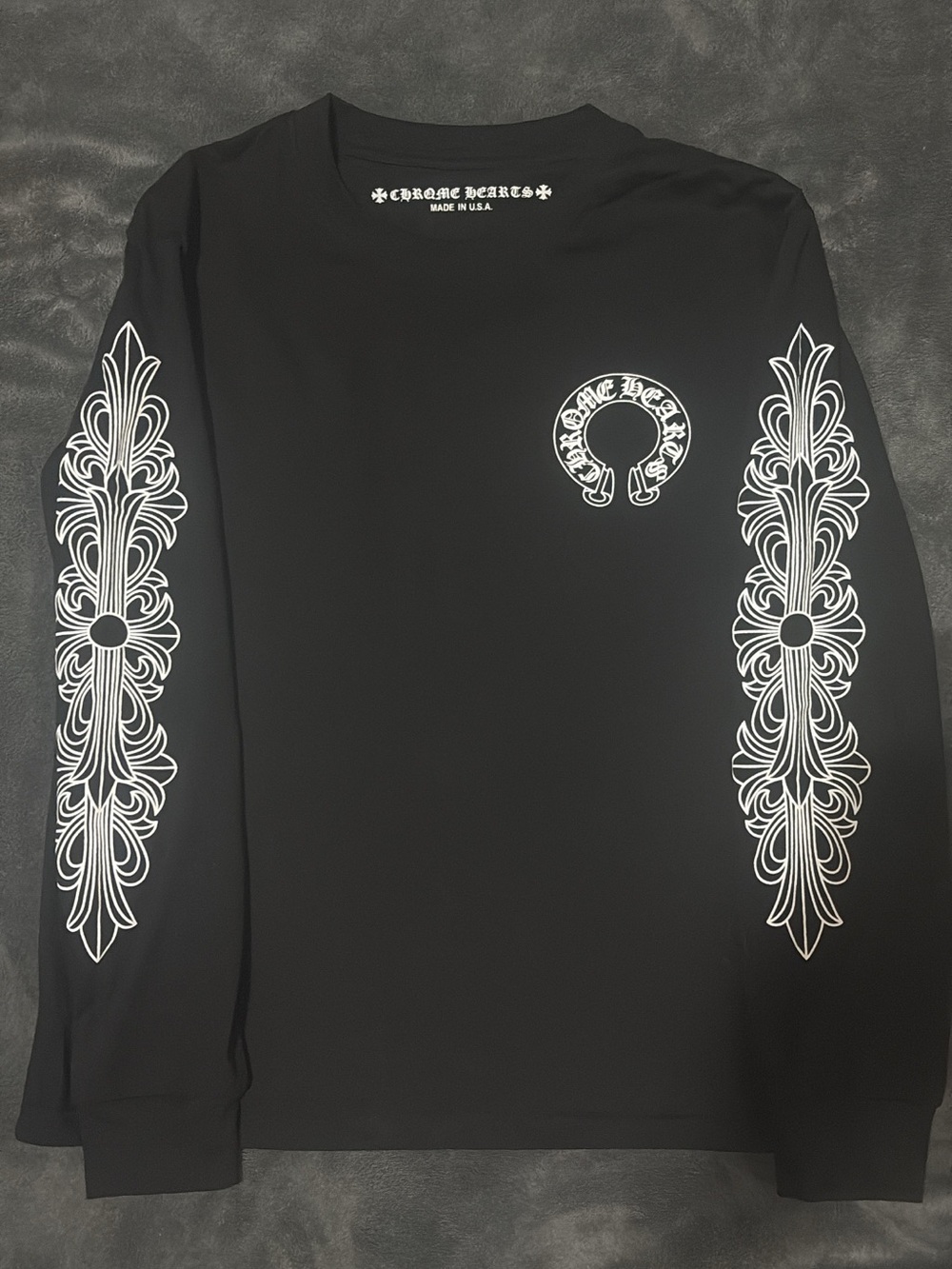 Chrome Hearts Black Long-Sleeve Tee with White Sleeve Graphic